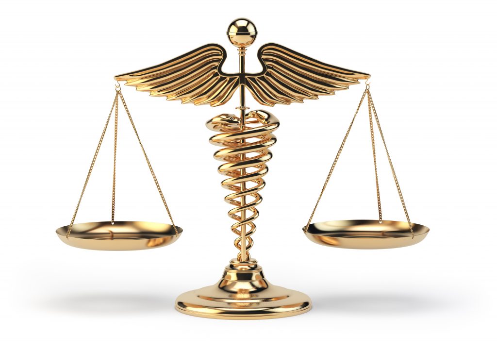 Medical caduceus symbol as scales. Concept of medicine and justi