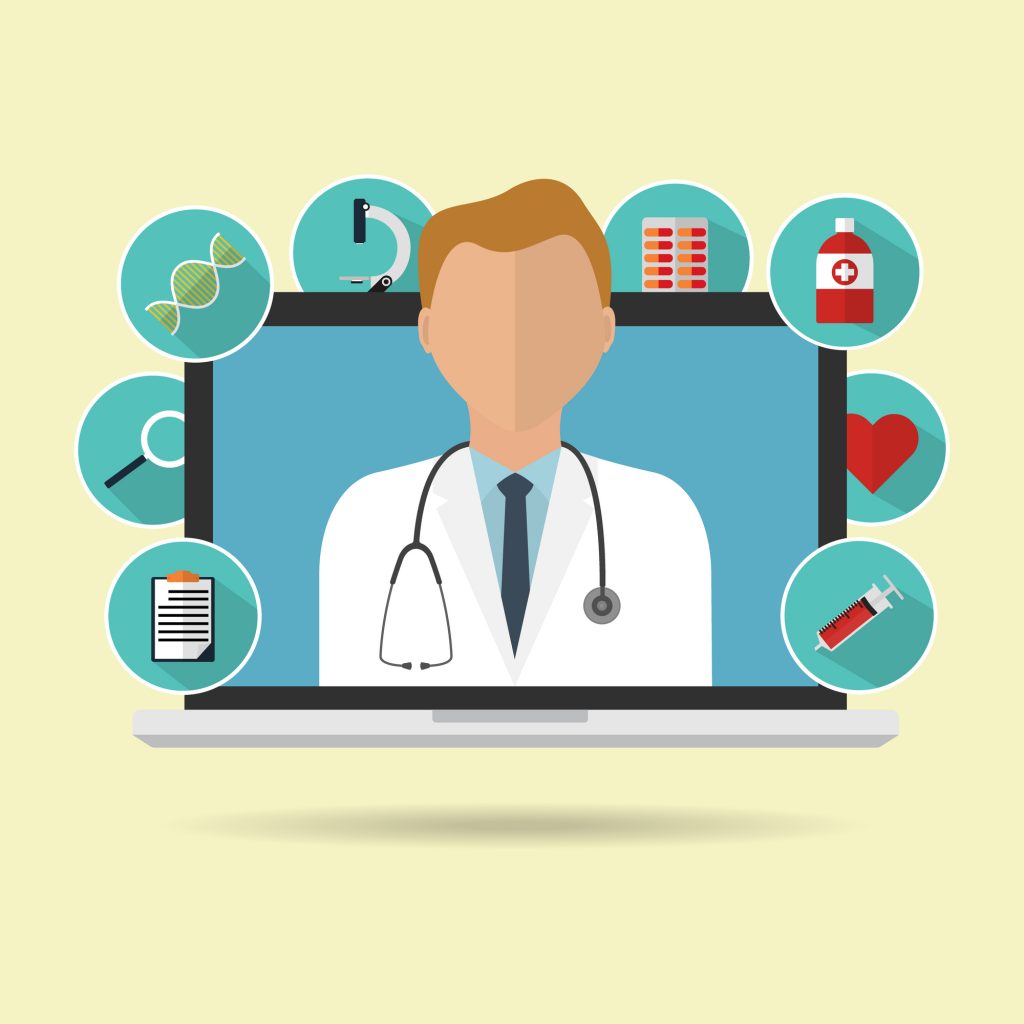 Doctor on internet online laptop for telemedicine with longs shadow medical icon. Vector illustration flat design medical healthcare concept technology trend.
