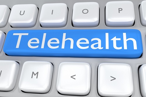 3D illustration of computer keyboard with the script "Telehealth" on pale blue button. Remote service concept.