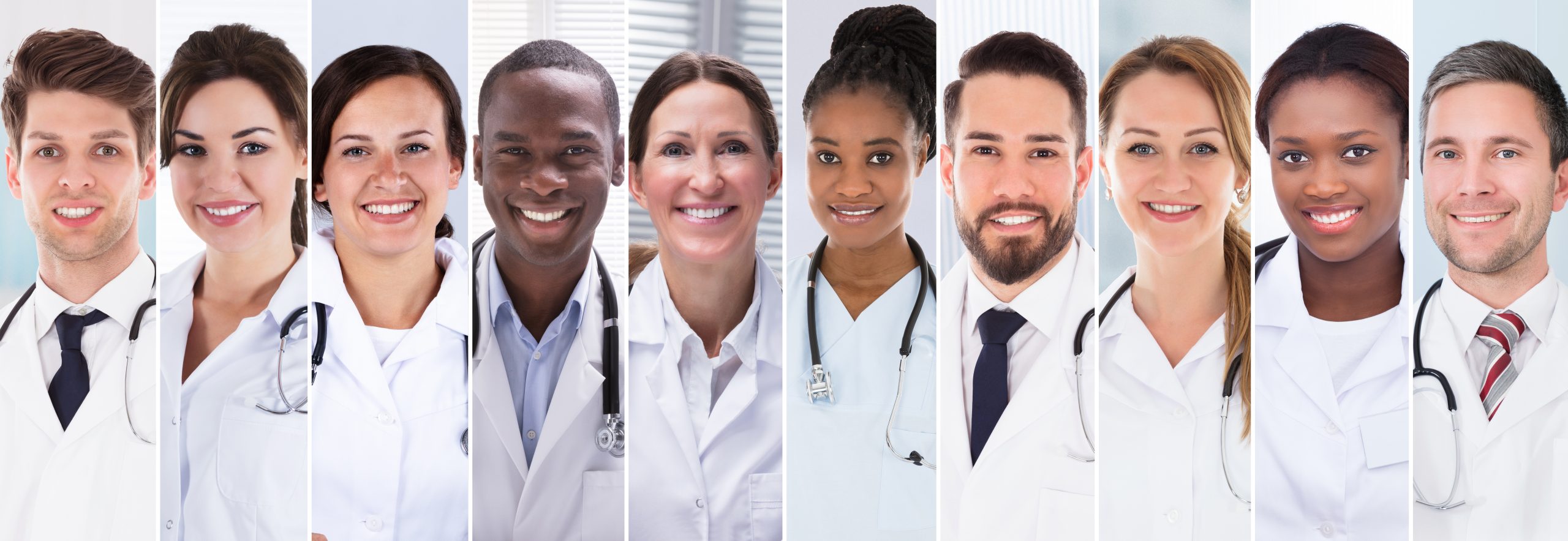 A diverse group of health care manager profiles all stacked side by side