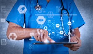 Health care and medical services concept with flat line AR interface.Doctor working on a digital tablet on texture background