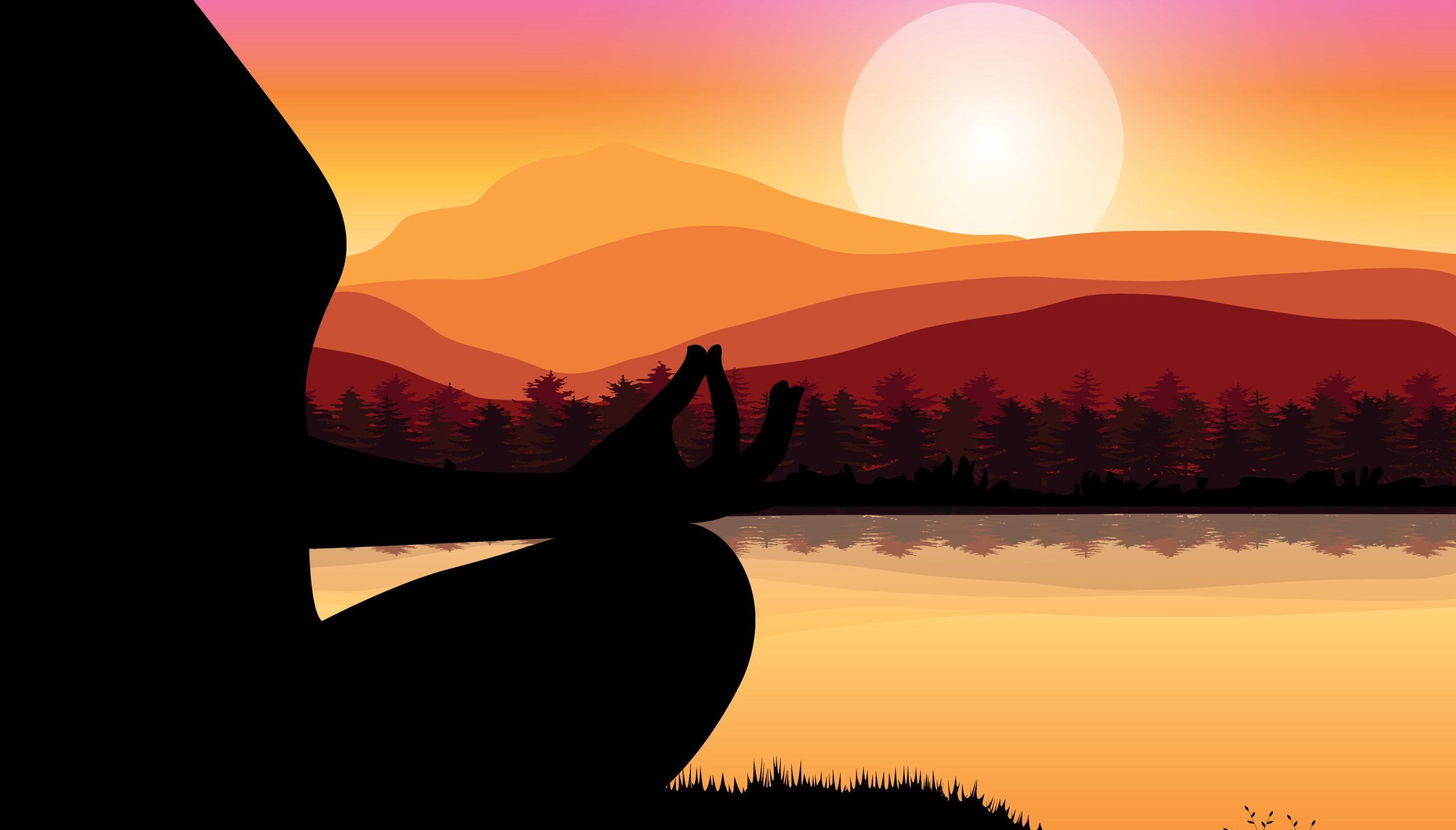Person meditation on a lake at sunset