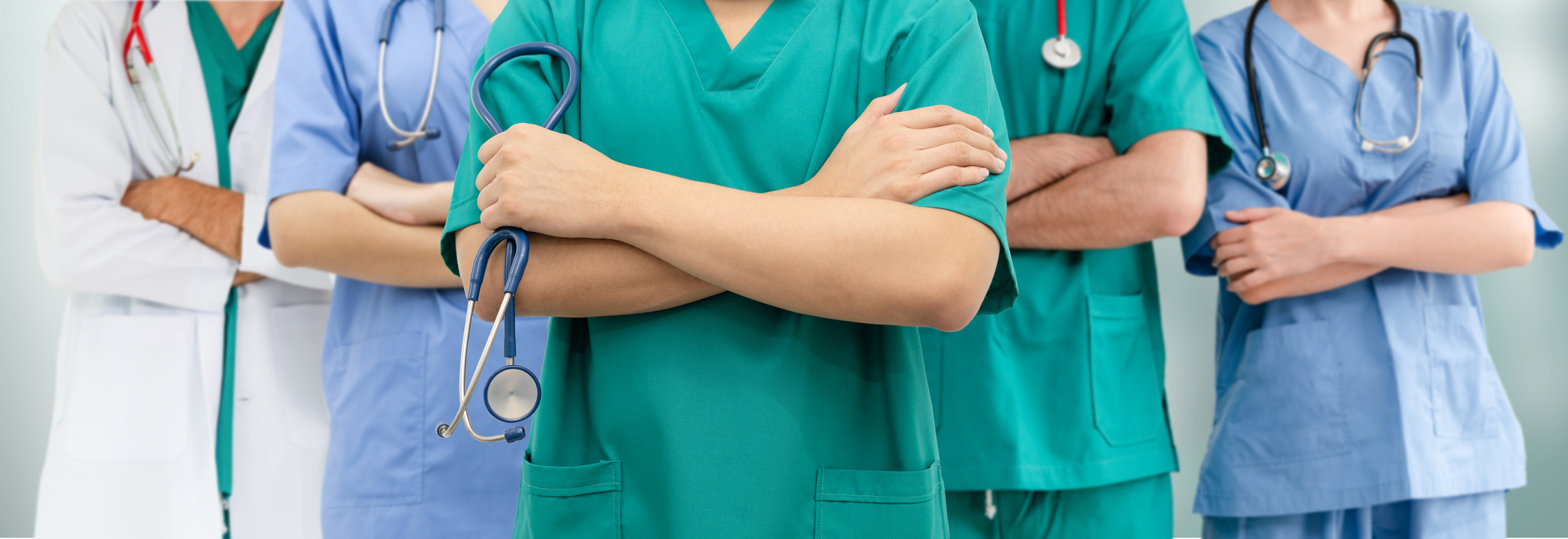 Healthcare people group. Professional doctor working in hospital office or clinic with other doctors, nurse and surgeon. Medical technology research institute and doctor staff service concept.