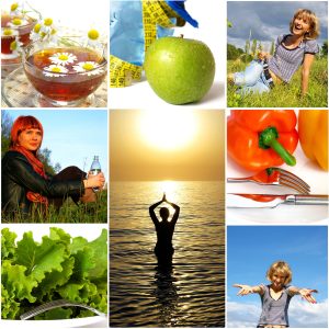 A picture with various Holistic Healthcare foods and activities.