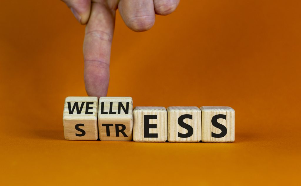 Wellness instead of stress. Hand turns cubes and changes the word 'stress' to 'wellness'. Beautiful orange background. Concept. Copy space.