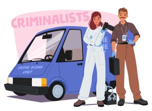 Two Criminalist Investigators Analyzing Evidence At Crime Scene. Characters Standing Beside A Vehicle Unit, Equipped With Tools And Equipment For Forensic Analysis. Cartoon People 