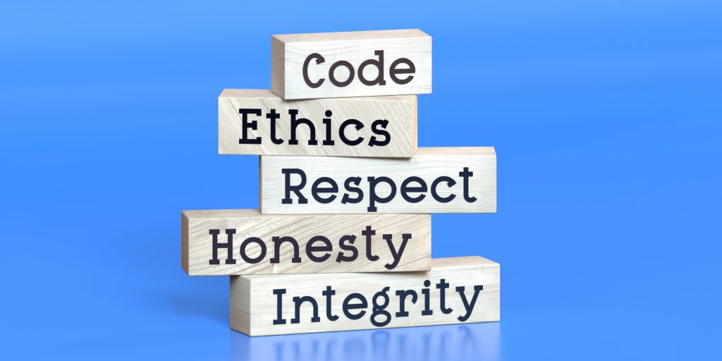 Code, ethics, respect, honesty, integrity - words on wooden blocks - 3D illustration