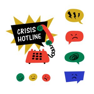 Psychology. Crisis hotline, Support call, psychological help. Yellow hand drawn phone with rad and blue speech bubble. 