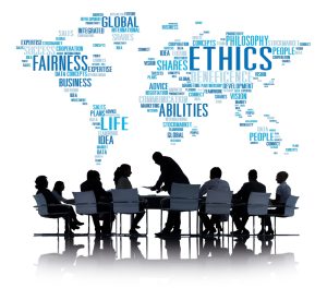 A picture of health care ethics consultants around a long table with a graph of various Healthcare Ethics words and quotes above them.