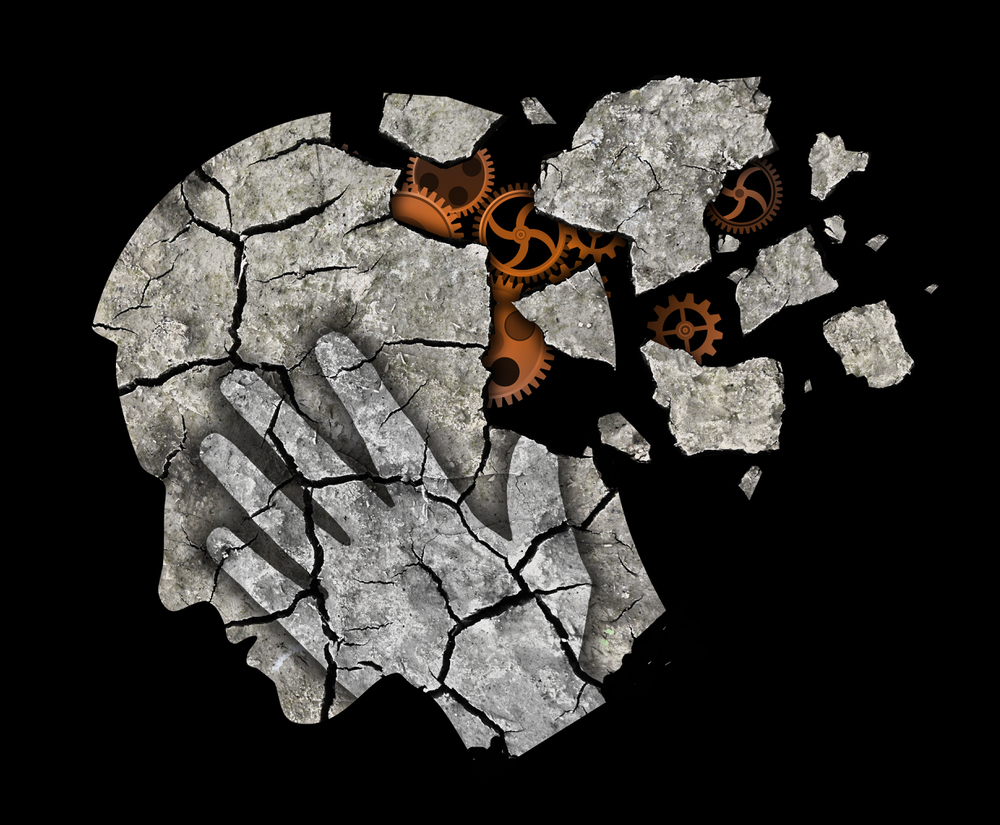 Mental illness Alzheimer disease, demention. Stylized male head silhouette with Dry cracked earth and gear, symbolizing psychiatric problems. The image does not show real people. — Illustration
