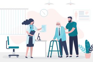 A cartoon of healthcare professionals helping an elderly patient