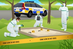 A cartoon crime scene with Forensic Nursing professionals examining clues.