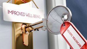 Holistic Healthcare leads to Improved Well-Being - it's a key to unlock improved well-being. A door key metaphor