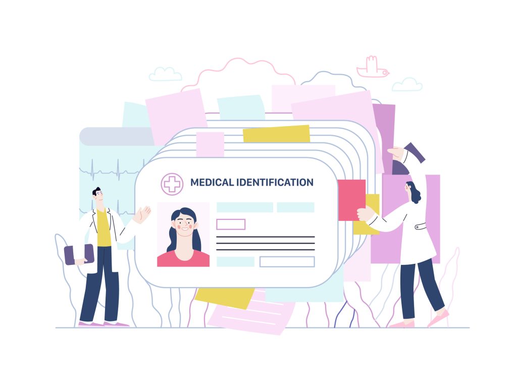 Medical id card, health card - medical insurance illustration. Modern flat vector concept digital illustration -plastic identification card as medical records file metaphor. Two doctors browsing files