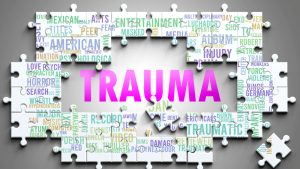 Trauma as a complex subject, related to important topics. Pictured as a puzzle and a word cloud made of most important ideas and phrases related to trauma.