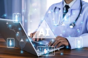 Doctor working on a PC with a caption of AI