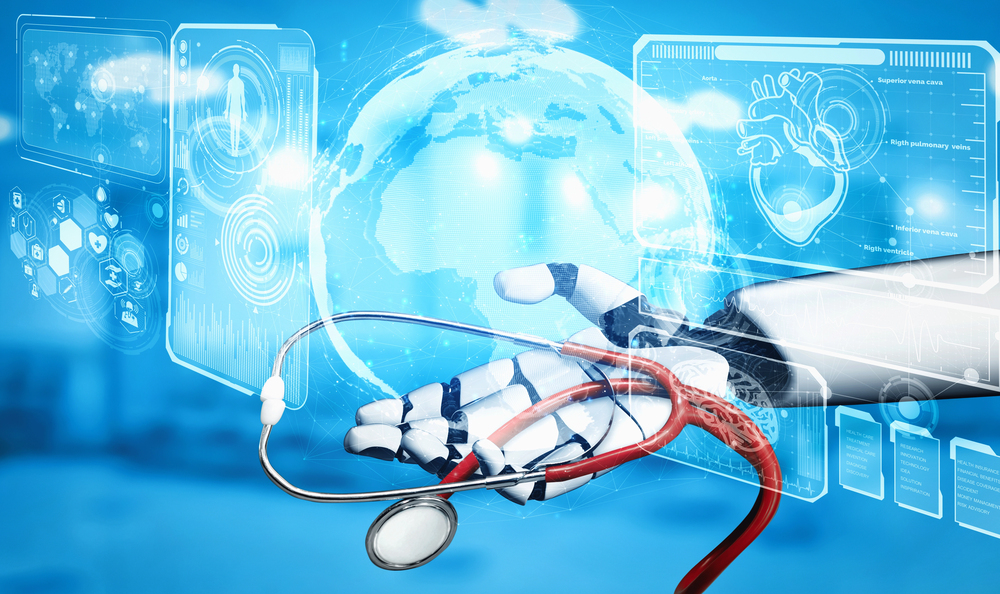 Ai in health care with a robot holding a stethoscope 