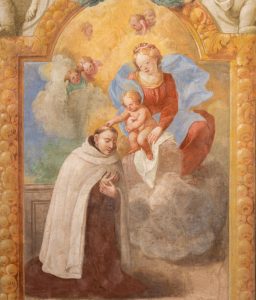 TURIN, ITALY - MARCH 13, 2017: The fresco of Madonna and probably St. John of the Cross in side chapel in church Chiesa di Santa Teresa by unknown artist of 18. cent. — Illustration by sedmak